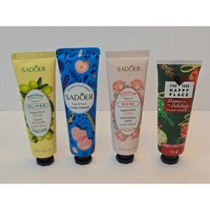 Sadoer Find Your Happy Place Hand Cream Set 4pc Olive Peach Rose Nutmeg 1oz 30g